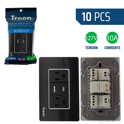 [8-929] TOMA DOB C/TIER C/PORT USB + TIPO C ACRILICO NEGRO TROEN 8-929