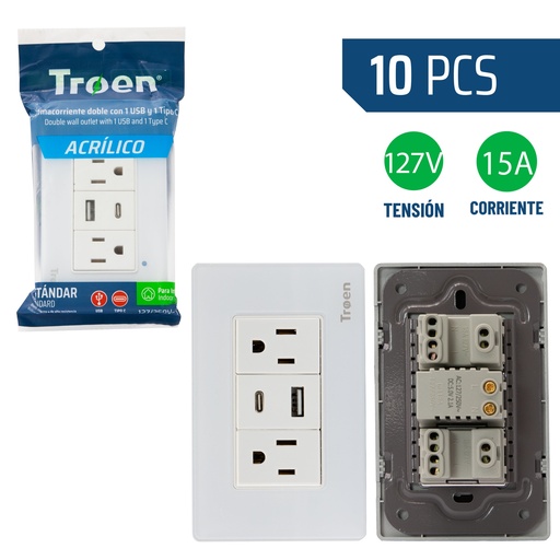 [8-952] TOMA DOB C/TIER C/PORT USB + TIPO C ACRILICO BLANCO TROEN 8-952