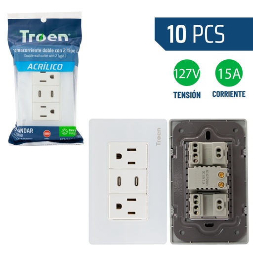 [8-953] TOMA DOBLE C/TIERRA C/PUERTO TIPO C ACRILICO BLANCO TROEN 8-953