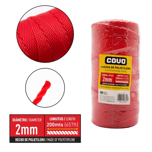 [8-980] GUARAL 2MM x 200 MTS ROJO COVO 8-980