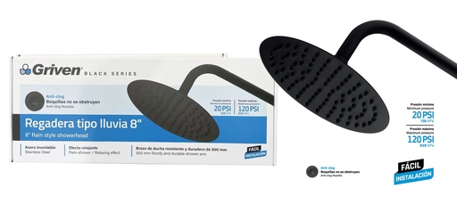 [9-019] REGADERA REDONDA 8" GRIVEN BLACK 9-019