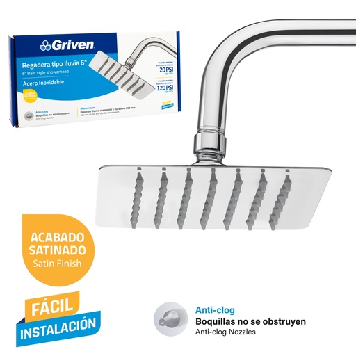 [9-032] REGADERA CUADRADA 6" GRIVEN 9-032