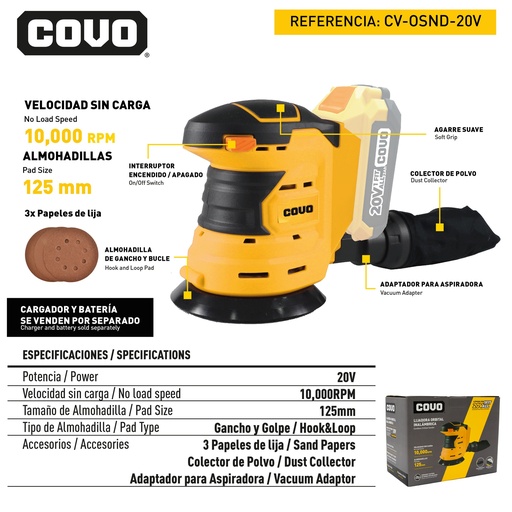 [9-042] LIJADORA ORBITAL INALAMBRICO 20V COVO 9-042