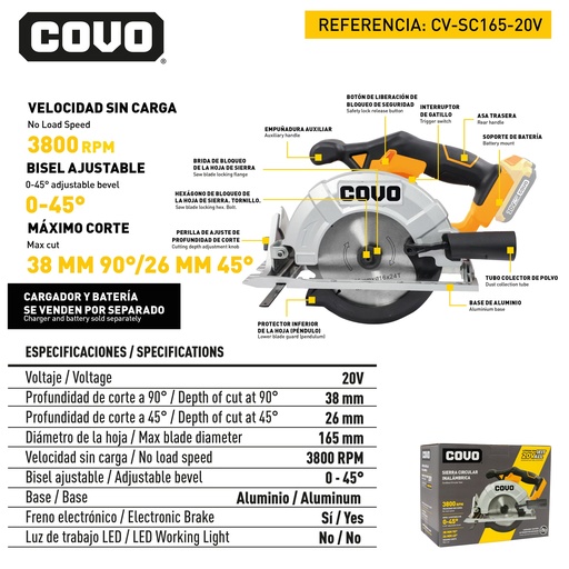 [9-046] SIERRA CIRCULAR INALAMBRICO 20V COVO 9-046