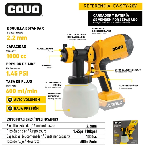 [9-048] PISTOLA P/PINTAR INALAMBRICO 20V COVO 9-048