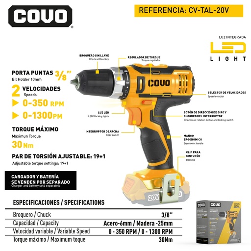 [9-049] TALADRO INALAMBRICO 3/8 20V COVO 9-049