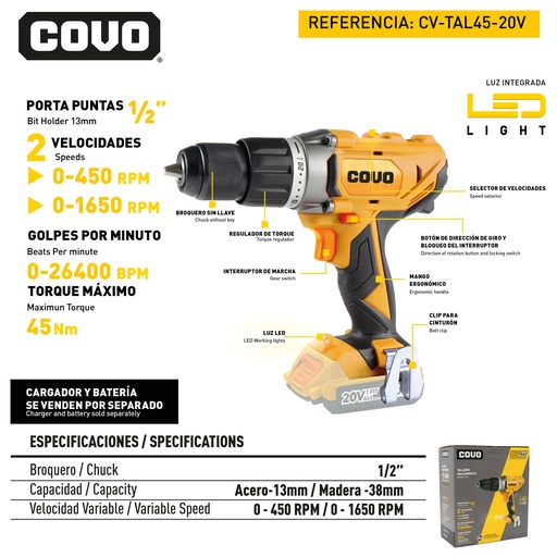 [9-050] TALADRO INALAMBRICO 1/2 20V COVO 9-050