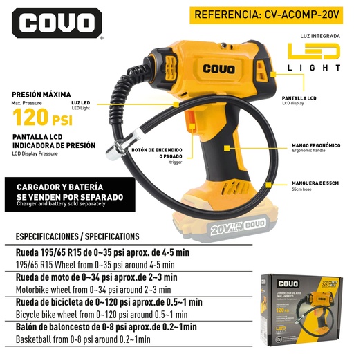 [9-064] COMPRESOR DE AIRE INALAMBRICO 120PSI 20V COVO 9-064
