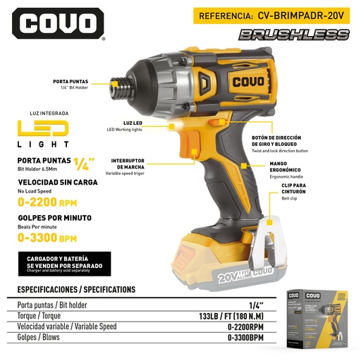 [9-068] ATORNILLADOR DE IMPACTO INALAMBRICO 20V BRUSHLESS COVO 9-068