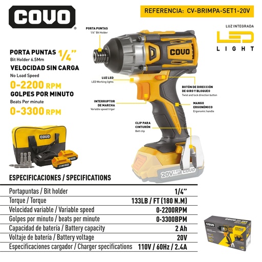 [9-069] ATORNILLADOR DE IMPACTO INALAMBRICO 20V BRUSHLESS SET COVO 9-069