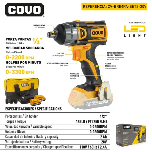[9-070] LLAVE DE IMPACTO INALAMBRICO 20V BRUSHLESS SET COVO 9-070