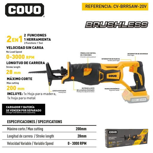 [9-073] SIERRA SABLE RECIPROCA INALAMBRICO 20V BRUSHLESS COVO 9-073