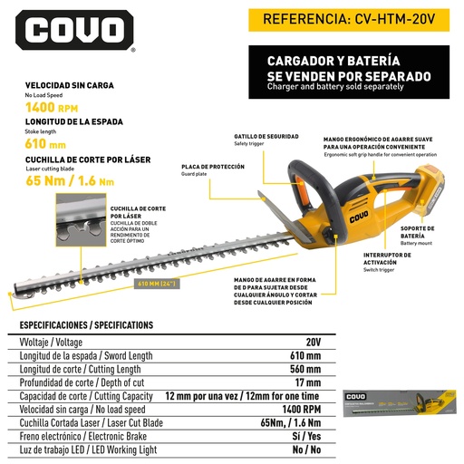 [9-079] CORTASETO INALAMBRICO 20V COVO 9-079