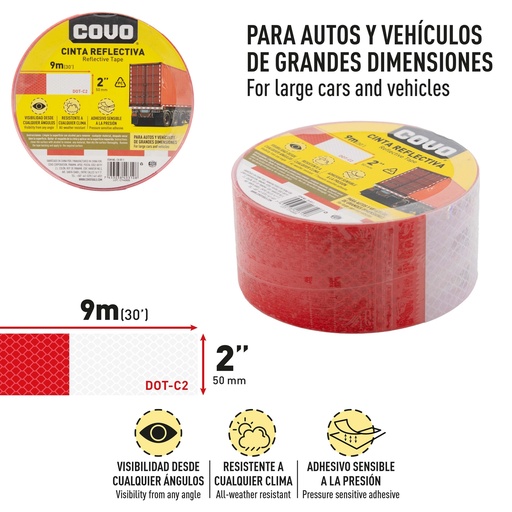 [9-194] CINTA REFLECTIVA ROJO/BLANCO 50MM x 9 MT COVO 9-194