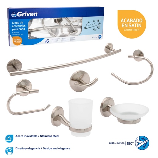 [7-108] ACCESORIO DE BAÑO 6 PIEZAS METALICO GRIVEN 7-108