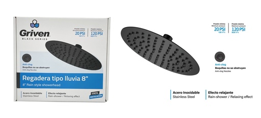 [7-343] REGADERA REDONDA 8¨ GRIVEN BLACK 7-343