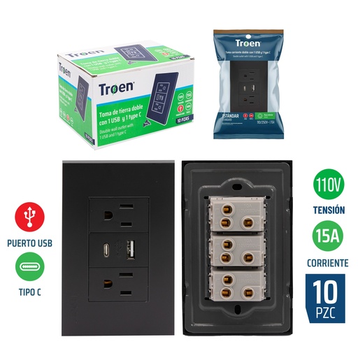[7-534] TOMA DOBLE C/TIERRA C/PUERTO USB + TIPO C NEGRO TROEN 7-534