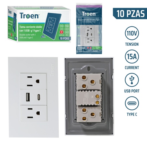[7-632] TOMA DOBLE C/TIERRA C/PUERTO USB + TIPO C BLANCA TROEN 7-632