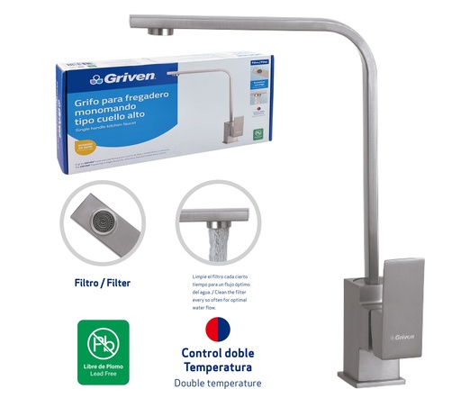 [7-842] LLAVE FREGADERO MONOMANDO SATIN GRIVEN 7-842