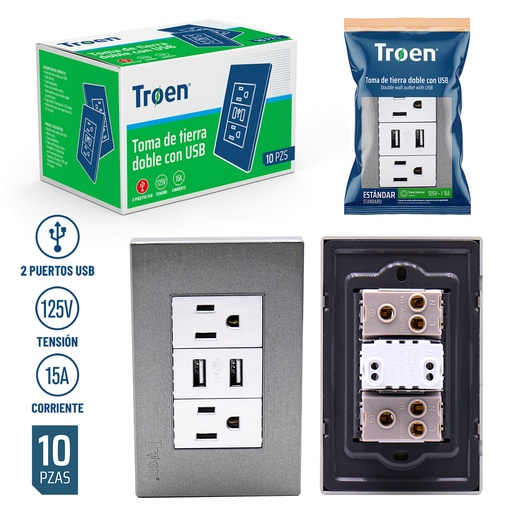 [5-177] TOMA DOBLE C/TIERRA C/PUERTO USB GRIS TROEN 5-177