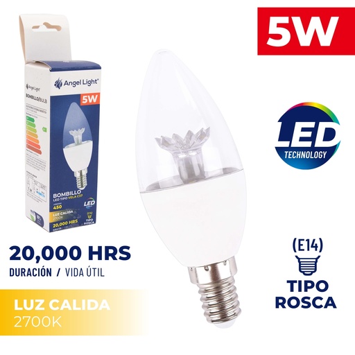 [5-189] BOMBILLO VELA LED 5W LUZ CALIDA E14 ANGEL LI 5-189