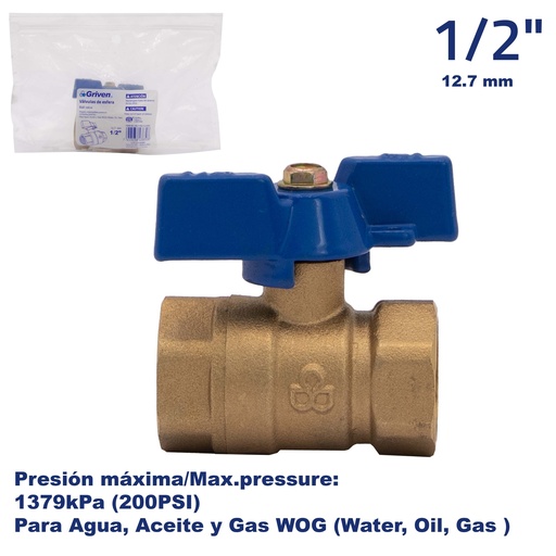 [5-241] VALVULA PASO BRONCE MARIPOSA x 1/2" GRIVEN 5-241
