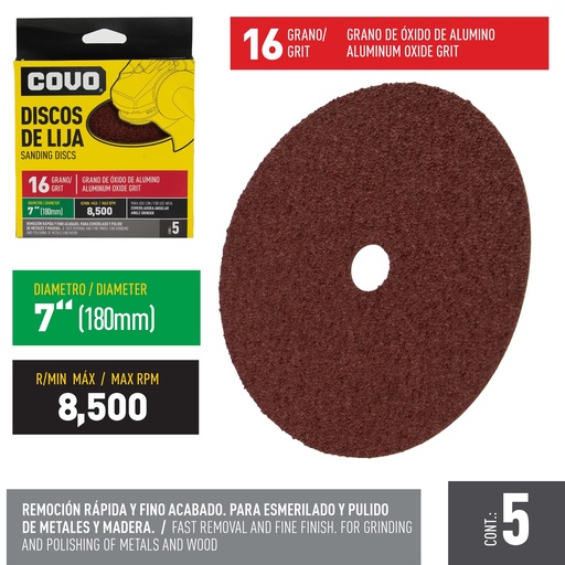 [5-249] DISCO DE LIJA 7" GRANO 16 x 5 UNID COVO 5-249