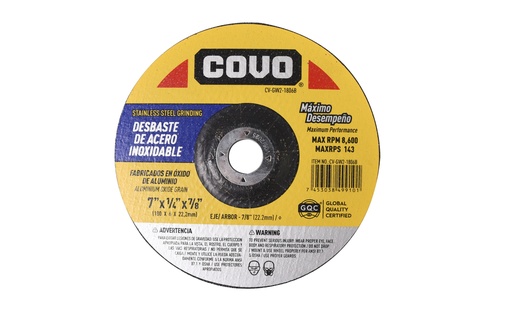 [5-484] DISCO DESBASTE de ACERO INOX x 7" 1/4" 7/8" COVO 5-484