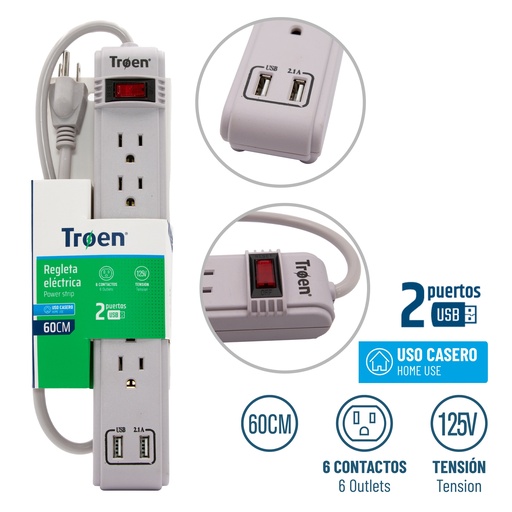 [5-491] REGLETA 6 TOMAS + 2 USB TROEN 5-491