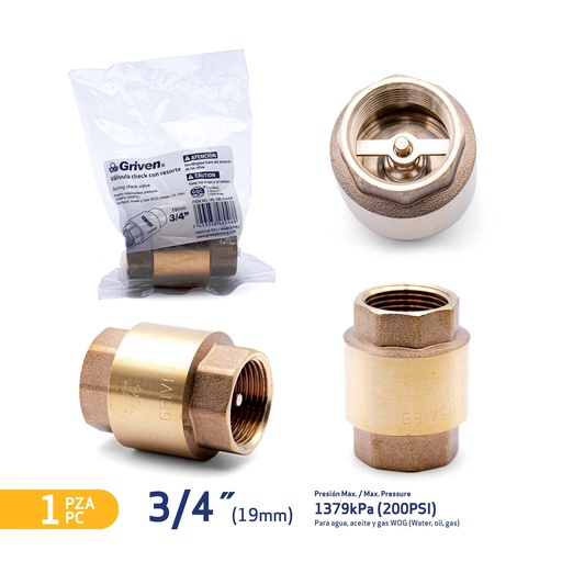 [5-499] VALVULA CHECK BRONCE x 3/4" ASIENTO BRONCE GRIVEN 5-499