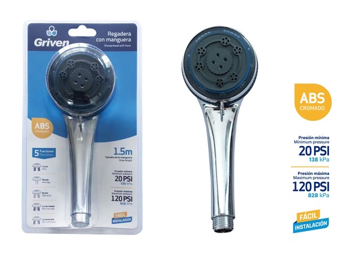 [5-544] REGADERA DE MANO C/MANGUERA 5 FUNCIONES GRIVEN 5-544