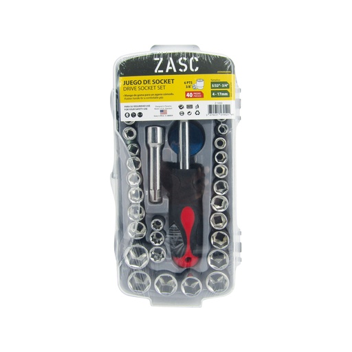 [5-664] JUEGO DADOS C/RACHET M/GOMA 3/8" 40PCS ZASC 5-664