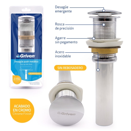 [5-980] DESAGUE LAV METALICO PUSH SIN REBOSADERO GRIVEN 5-980