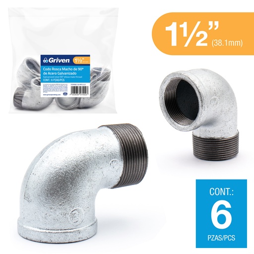 [6-118] CODO CACHIMBO GALVANIZADO 1 1/2" x 90 GRIVEN 6-118