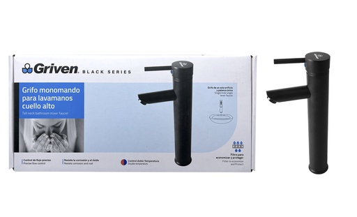 [6-132] LLAVE LAVAMANO ALTA MONOMANDO x 30 CM GRIVEN BLACK 6-132