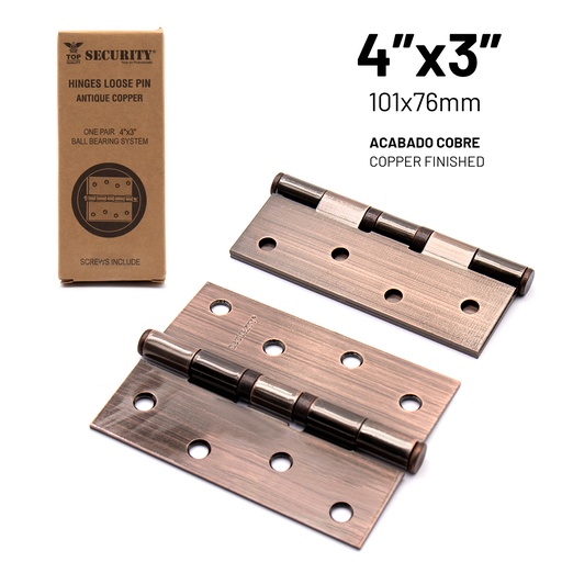 [6-200] BISAGRA P/PUERTA MADERA 4" x 3" COBRE PAR SECURITY 6-200