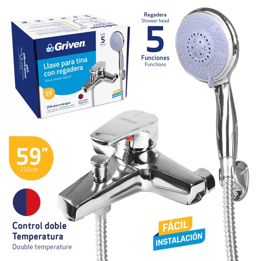 [6-206] LLAVE MONOMANDO P/BAÑERA 59" C/REGADERA GRIVEN 6-206