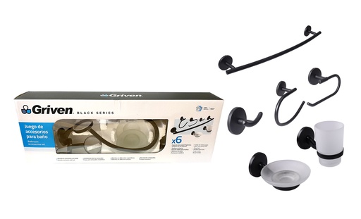 [6-257] ACCESORIO DE BAÑO 6 PZA METALICO GRIVEN BLACK 6-257