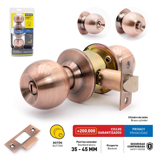 [6-363] CERRADURA DE BAÑO POMO BOTON COBRE COVO 6-363