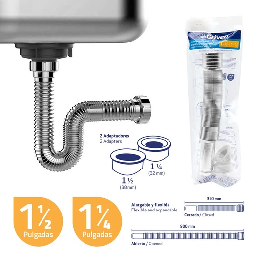 [6-374] SIFON EXT C/ADAPTADOR 1 1/2 / 1 1/4 CROMADO GRIVEN 6-374