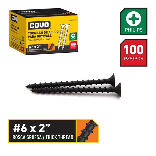 [6-482] TORNILLOS DRYWALL R. GRUESA 6 x 2" x 100 UNID COVO 6-482