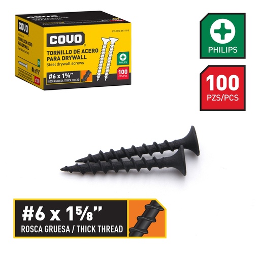 [6-483] TORNILLOS DRYWALL R. GRUESA 6 x 1 5/8" x 100 UNID COVO 6-483