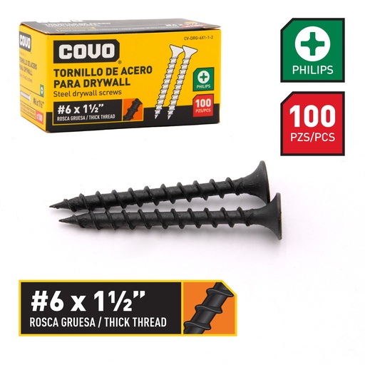 [6-485] TORNILLOS DRYWALL R. GRUESA 6 x 1 1/g2" x 100 UNID COVO 6-485