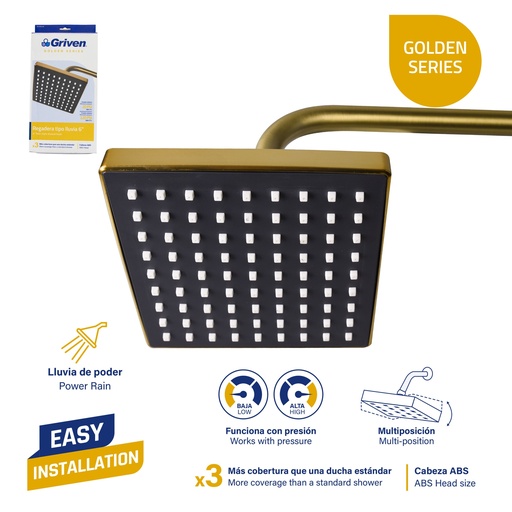 [6-613] REGADERA CUADRADA 6" TIPO LLUVIA GRIVEN GOLD 6-613