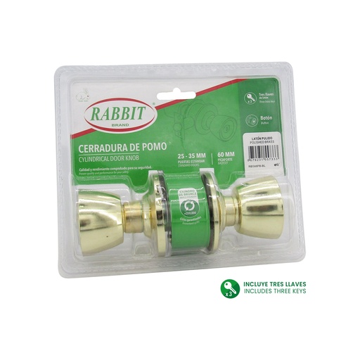 [6-645] CERRADURA DE POMO LATON PULIDO O DORADO RABBIT 6-645