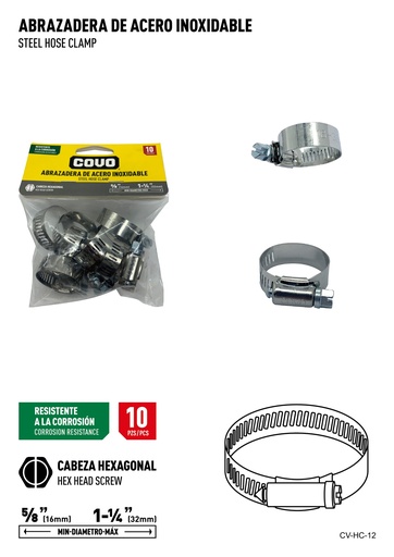 [6-825] ABRAZADERAS 5/.8" - 1 1/4" x 10 UNID COVO 6-825