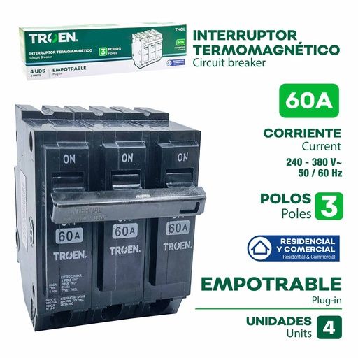 [9-788] BREAKER PARA EMPOTRAR 3x60A TROEN 9-788