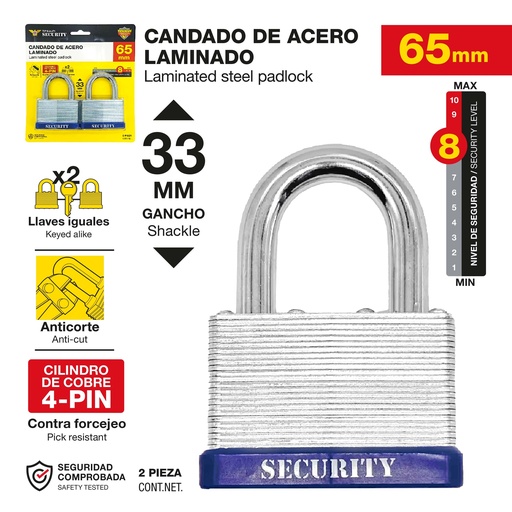 [10-052] CANDADOS IGUALADOS 65MM x 2PCS SECURITY 10-052