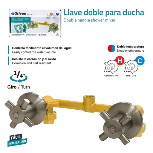[9-845] LLAVE P/DUCHA DOBLE BRONCE GRIVEN GUN METAL 9-845