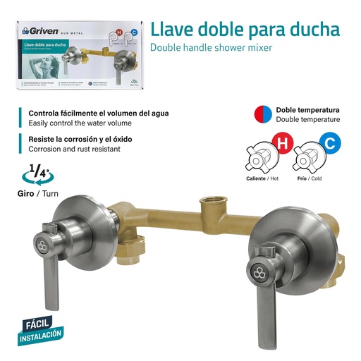 [9-847] LLAVE P/DUCHA DOBLE BRONCE GRIVEN GUN METAL 9-847